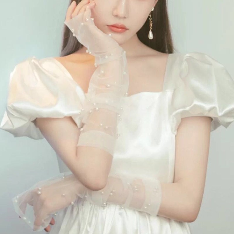 极速N0150 新娘婚纱手套结婚长款白色珍珠网纱2020新款女遮手臂