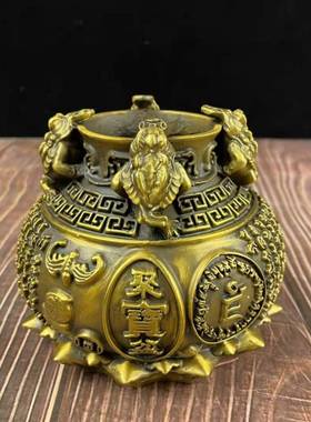 速发纯铜金蟾聚宝盆招财摆件方四纳居金蟾罐铜缸客厅家财装饰开业