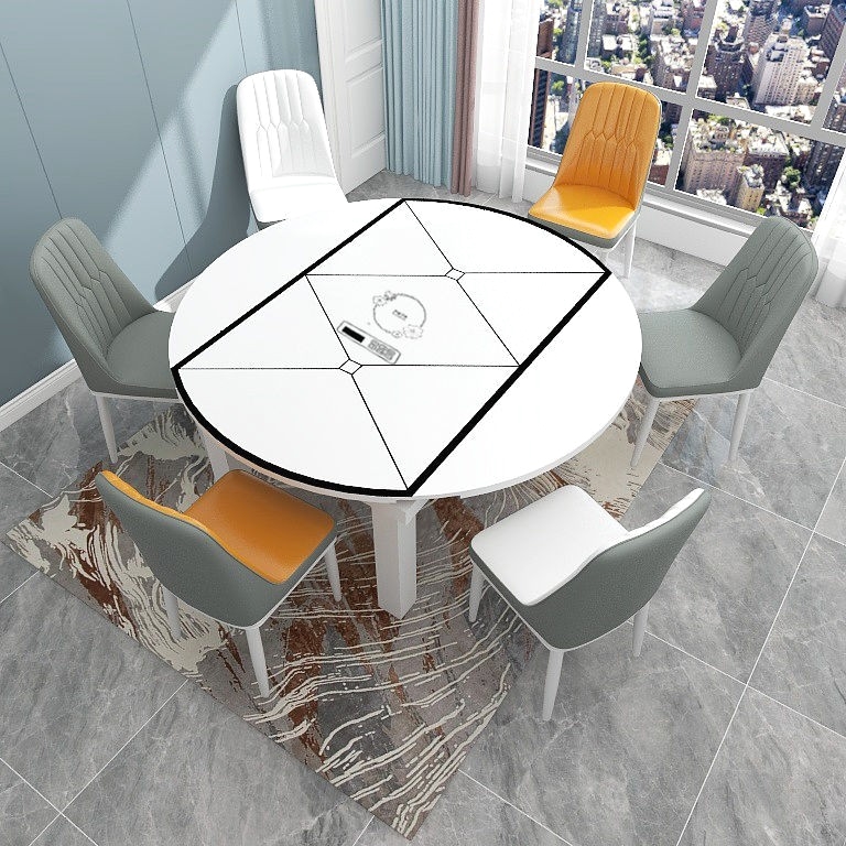 餐桌组合钢化玻璃现代简约6人实木圆桌伸缩家用饭桌电磁炉长方形