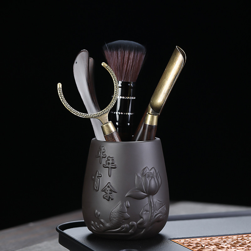 紫砂茶道浮雕六君子功夫茶具配件大全茶勺养壶笔茶夹收纳桶家用