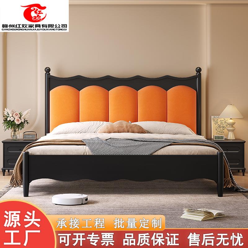 实木床现代简约双人床黑色法式复古1米5软包靠1米8主卧中古风家具