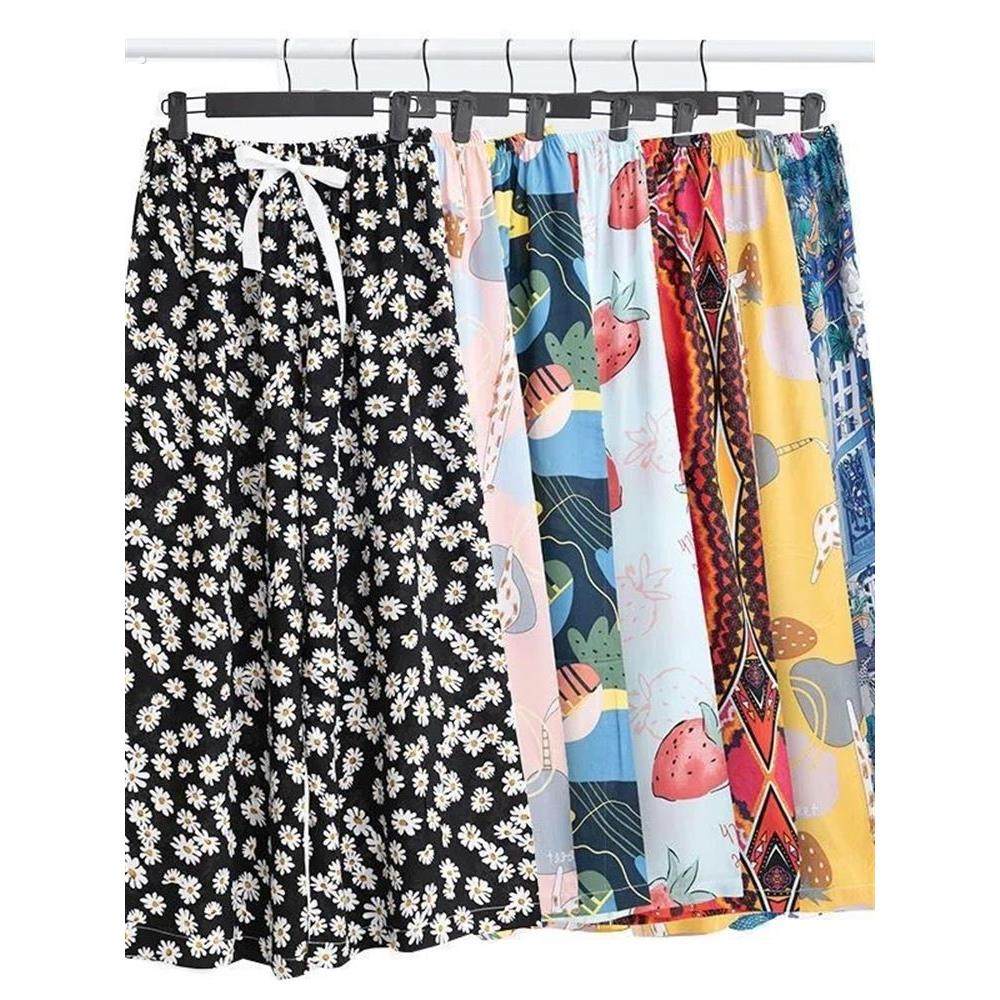 夏季大码家居裤2025夏天花裤子薄款宽松阔腿长裤棉绸睡裤女士外穿