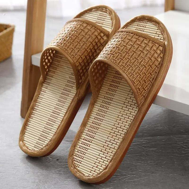 2024新草席拖鞋夏季竹藤草家男子夫妇室内软底木地板凉鞋女子