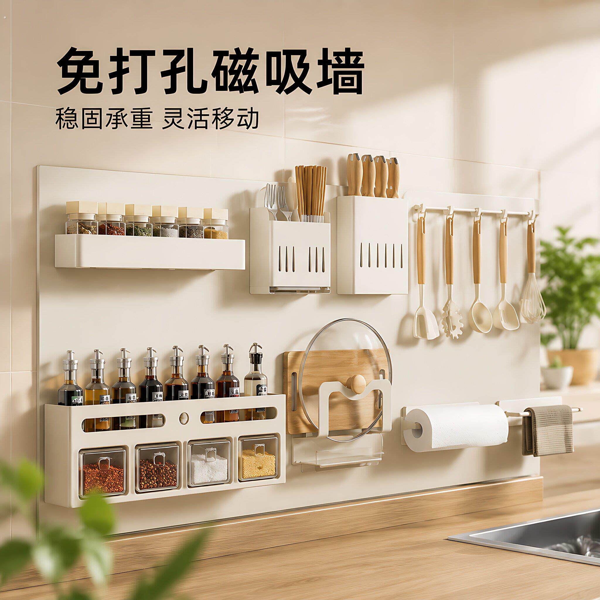 磁吸置物架引磁软布贴片厨房墙面平替洞洞板珐琅板免打孔收纳套装