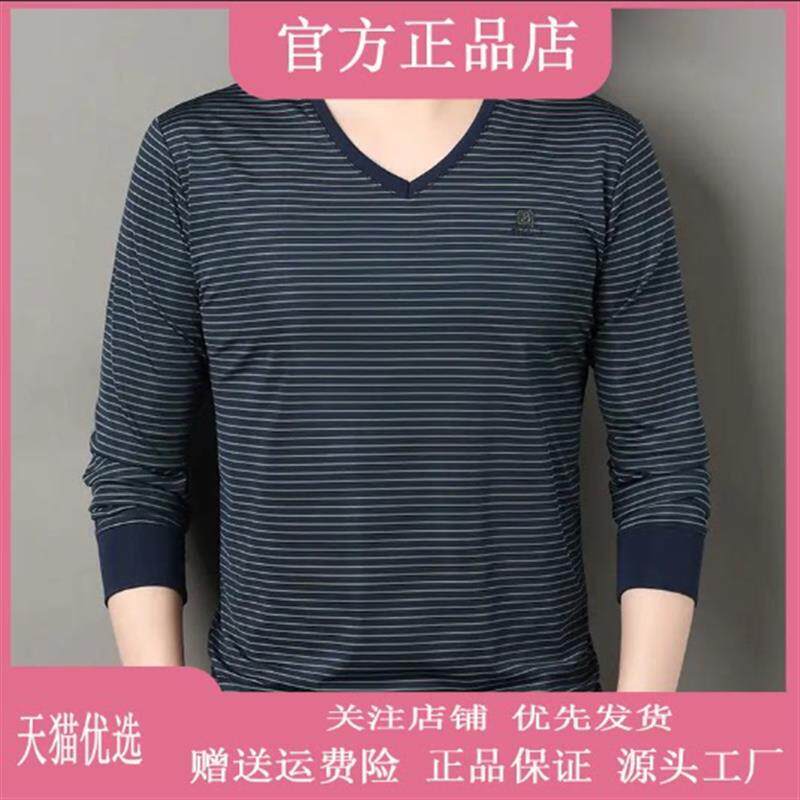 青澜之嘉专柜正品高档轻奢男春季新款条纹V领透气T恤薄款长袖T恤