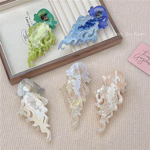 韩系设计感彩色水母醋酸抓夹海洋系列拼色大号发卡女盘发鲨鱼夹子