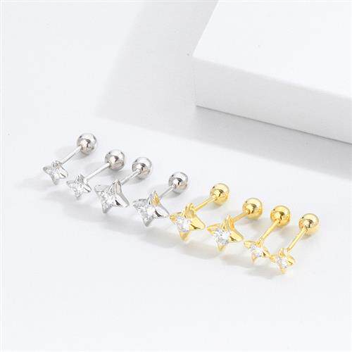 S925银耳骨钉简约星星扭螺丝女款养耳洞耳环闪钻耳饰品