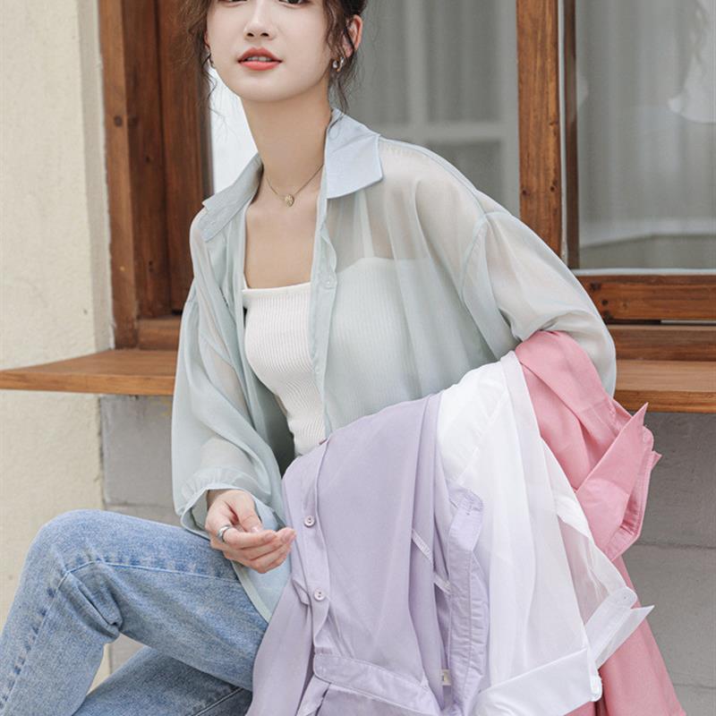 气质设计感防晒衫女夏翻领中长款雪纺衫时尚糖果色衬衫通勤风
