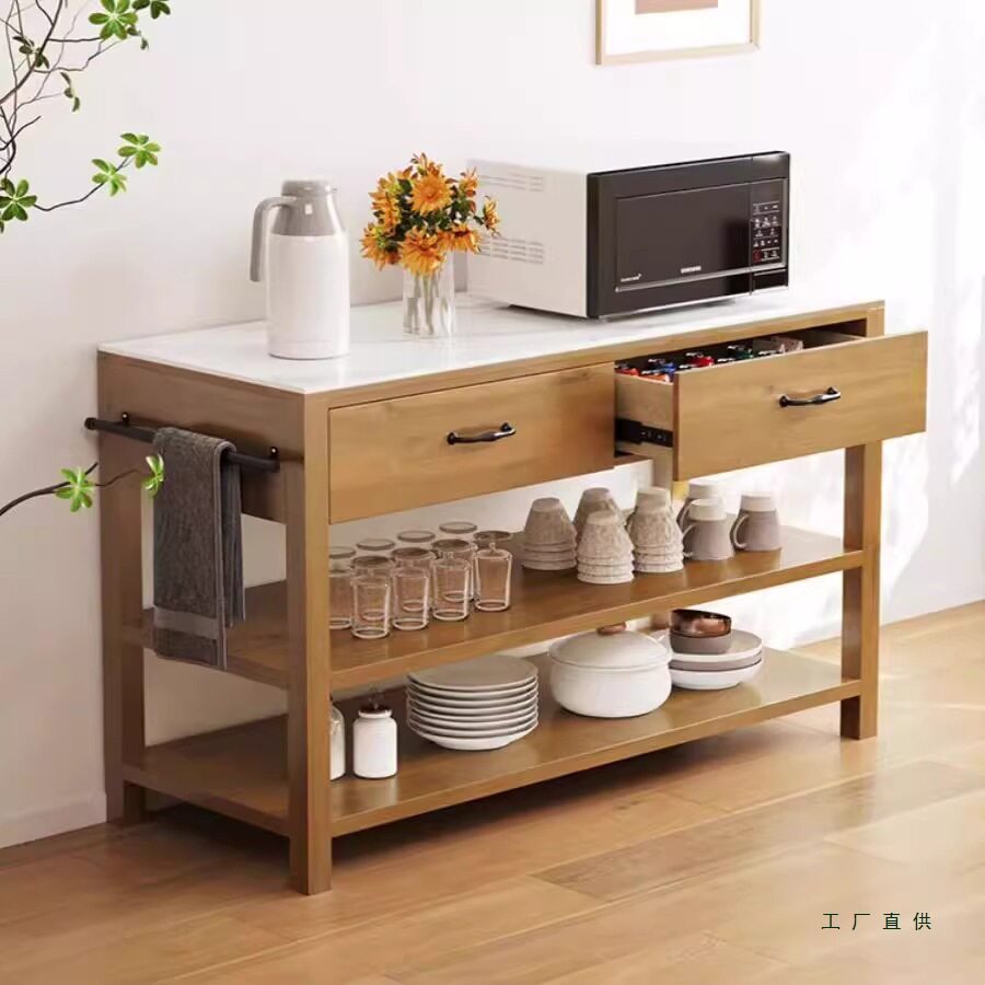 实木美式中岛台料理台厨房工作餐边柜家用大理石台面碗柜柜备餐台