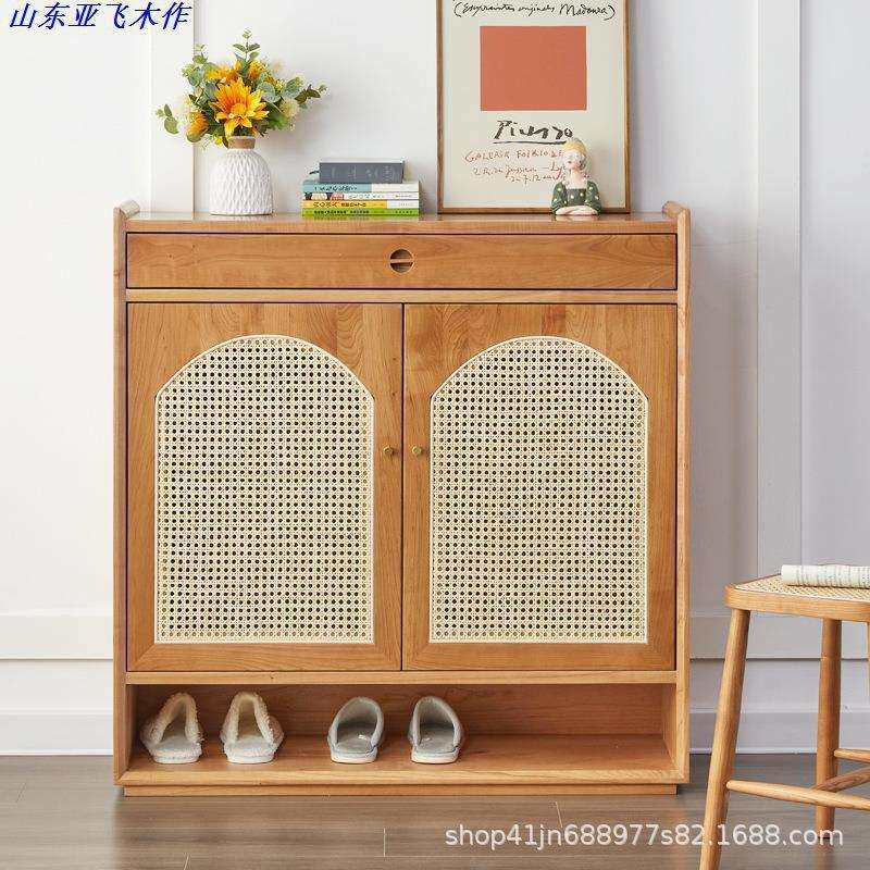 实木鞋柜透气藤编门厅柜家用门口收纳柜樱桃木隔断储物柜耐用入户