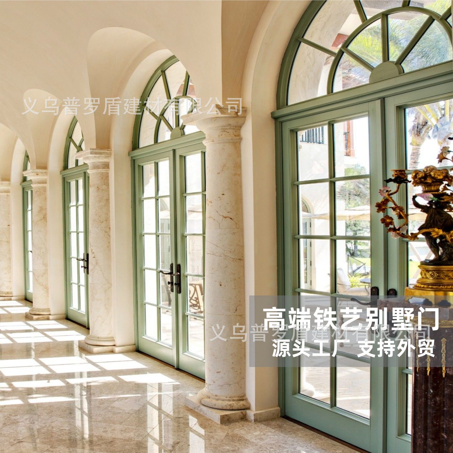 欧式复古拱形铁艺门玻璃双开别墅入户大门纯手工锻打花枝来图