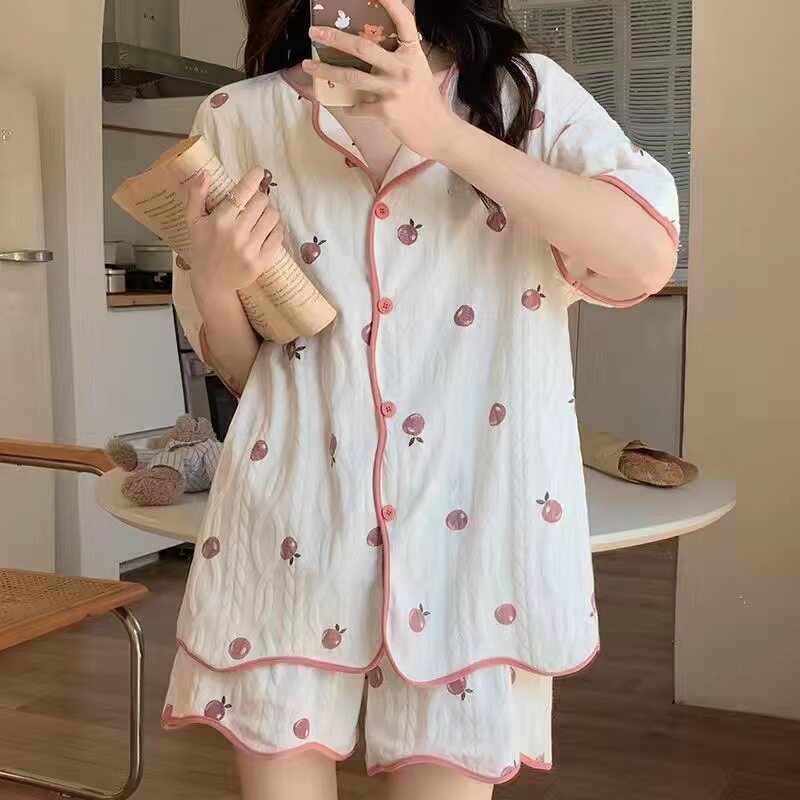 卡通可爱甜美少女一体式带胸垫睡衣女夏季短袖短裤韩版休闲家居服