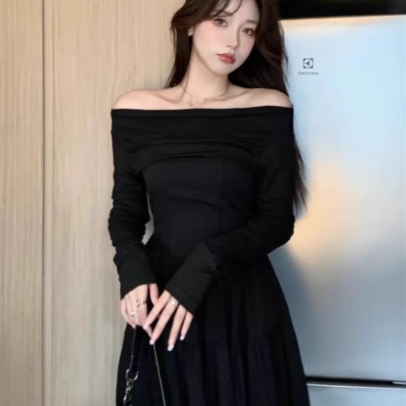 法式小个子黑色一字肩长袖连衣裙女春季2025新款气质显瘦收腰短裙