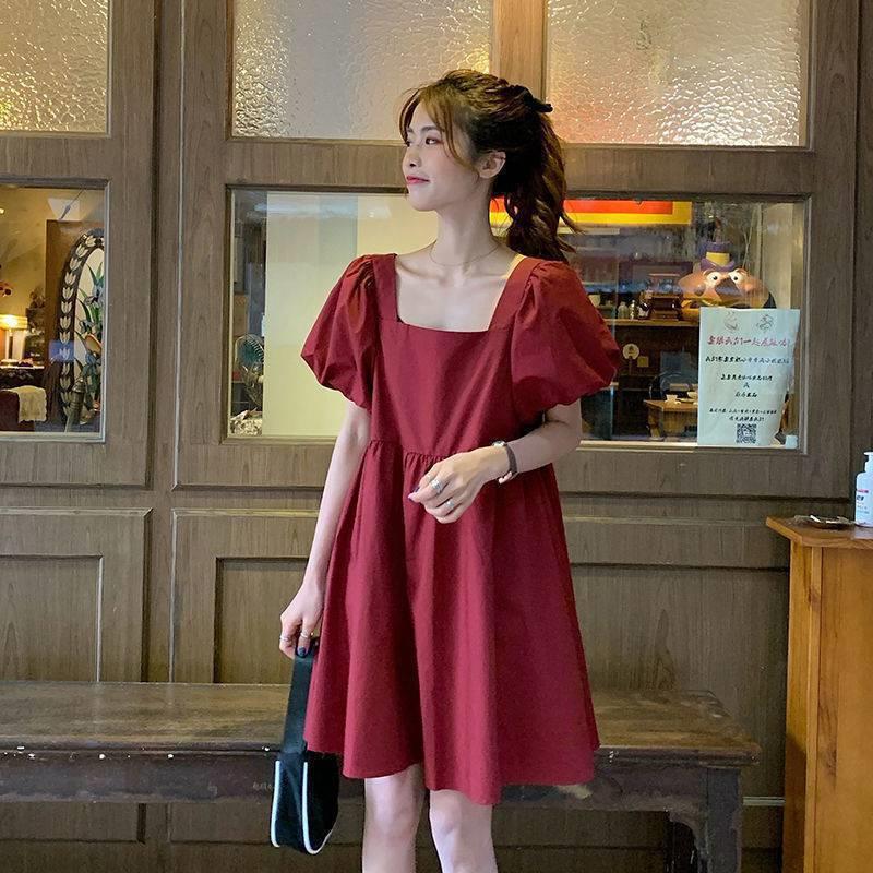 新款2025夏季韩版宽松短袖方领连衣裙女学生宽松网红洋气显瘦裙子
