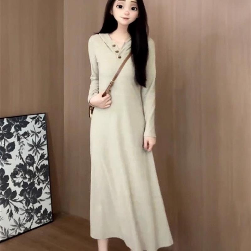 法式长袖连帽连衣裙子早春季2025新款女小个子高级感针织内搭长裙