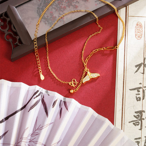 越南沙金项链轻奢镶钻鱼尾流苏锁骨链女高级感久不掉色首饰品