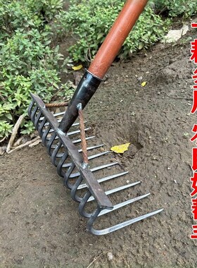 加粗钢筋钉耙农用多齿铁耙多功能锰钢翻地耙子搂草松土锻打齿平地