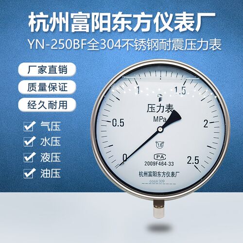 杭州富阳东方YN-250BF不锈钢防腐304超大表盘抗震耐振充油压力表