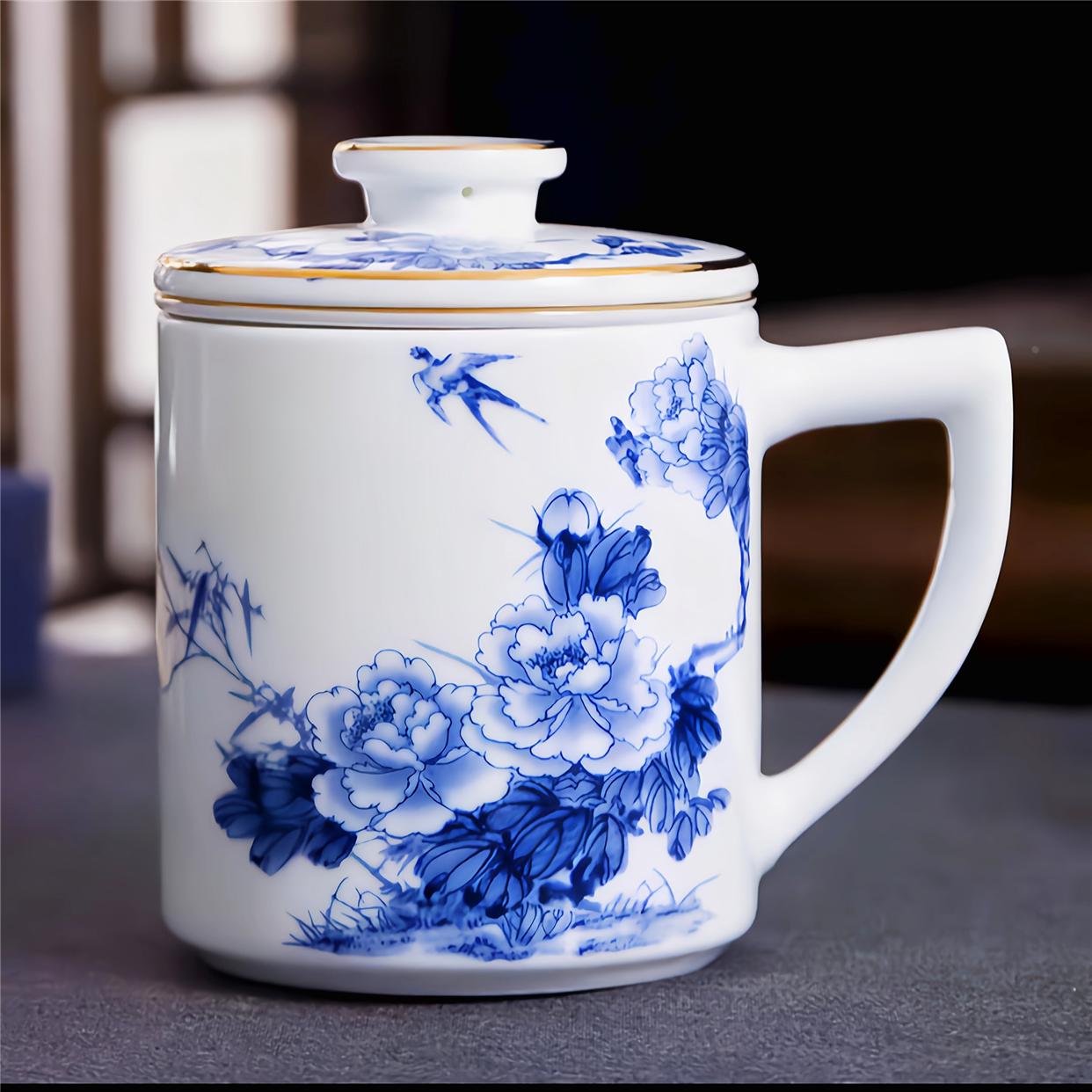 景德镇陶瓷茶杯带过滤杯子茶水分离杯子带盖泡茶水杯随手礼盒