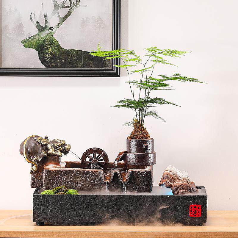 招财貔貅金蟾流水摆件循环水车石磨风水轮文竹绿植水景观桌面饰品