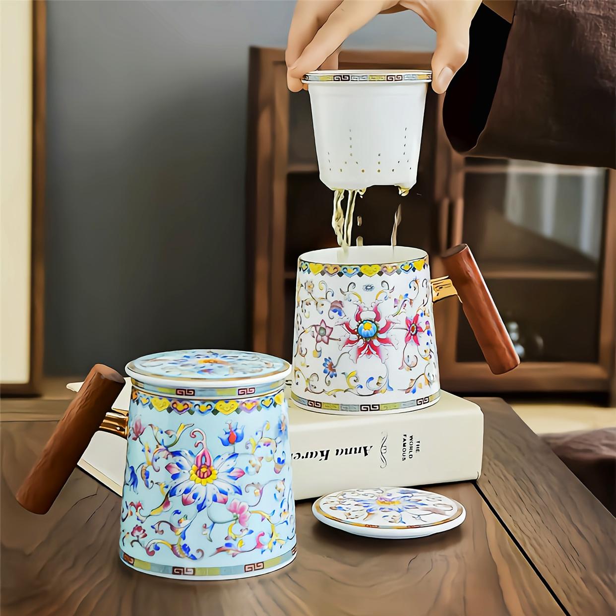 珐琅彩陶瓷茶杯办公杯景德镇茶水分离水杯套装礼盒送人杯子