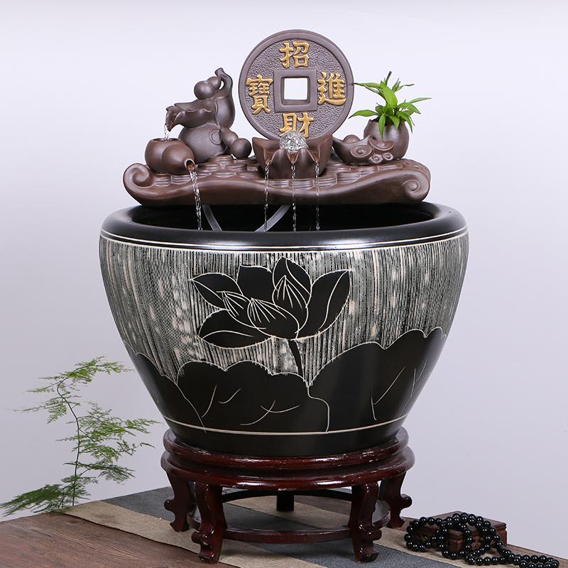 景德镇陶瓷鱼缸流水喷泉家用荷花缸大号养鱼盆锦鲤缸客厅造景摆件