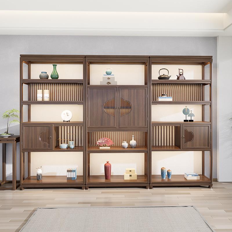 新中式茶架子摆放架博古架胡桃木色博古架实木中式茶架柜店面装修