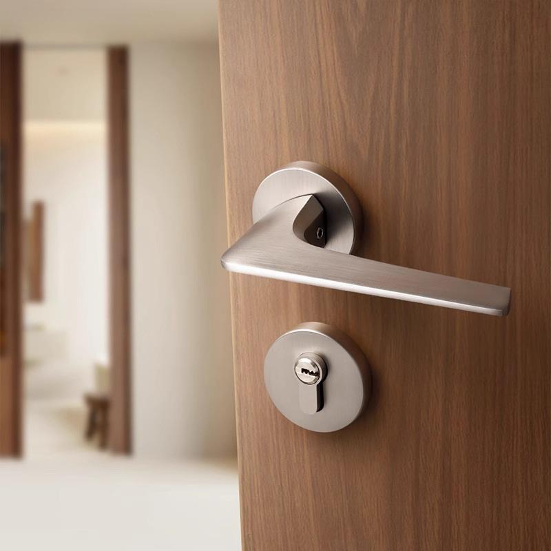 烁盾镍拉丝现代中古风卧室门锁简约室内家用门把手磁吸静音木门锁