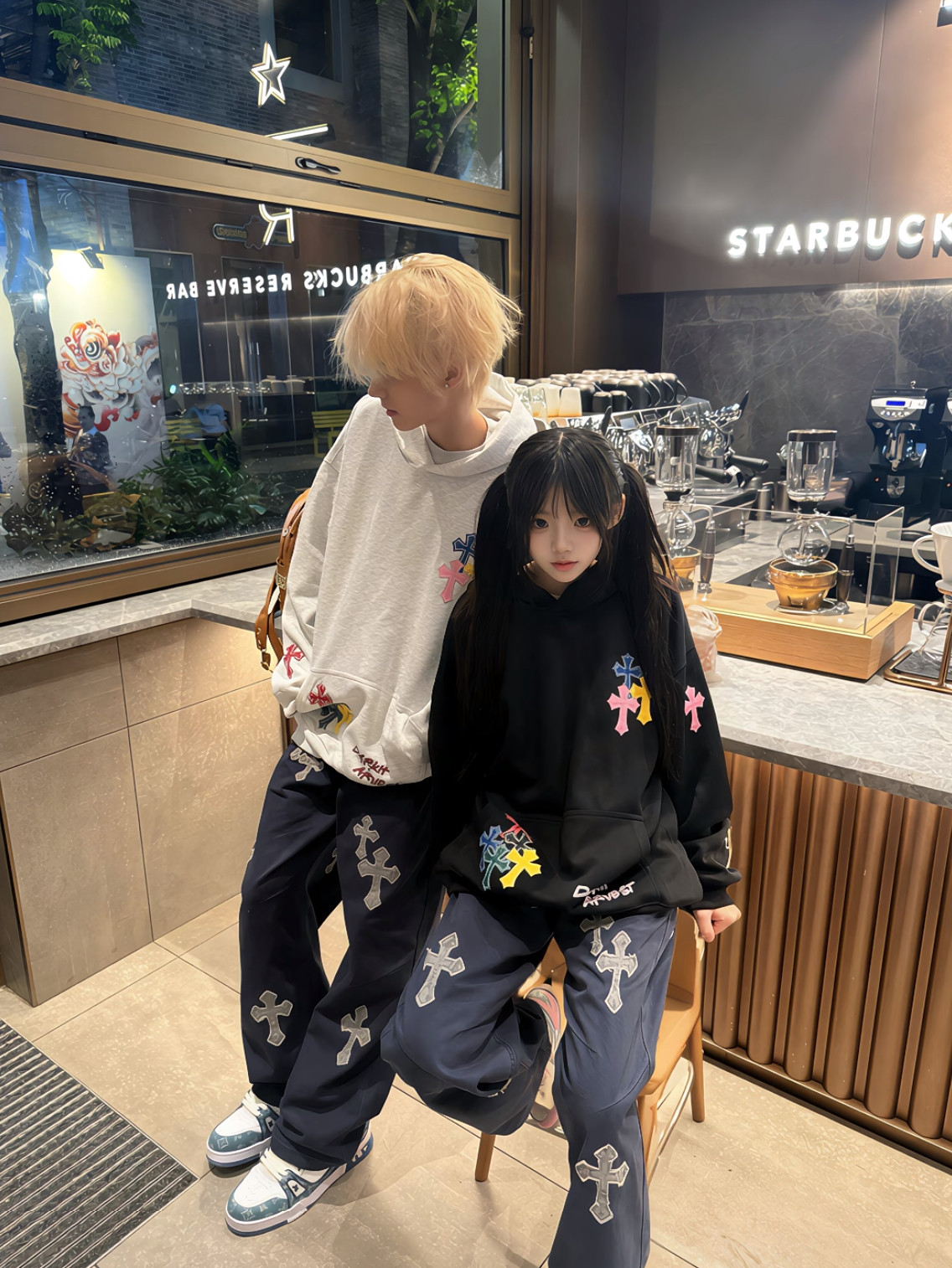 ZHZXSD美式复古彩色十字架贴布绣连帽卫衣男女宽松百搭情侣上衣潮