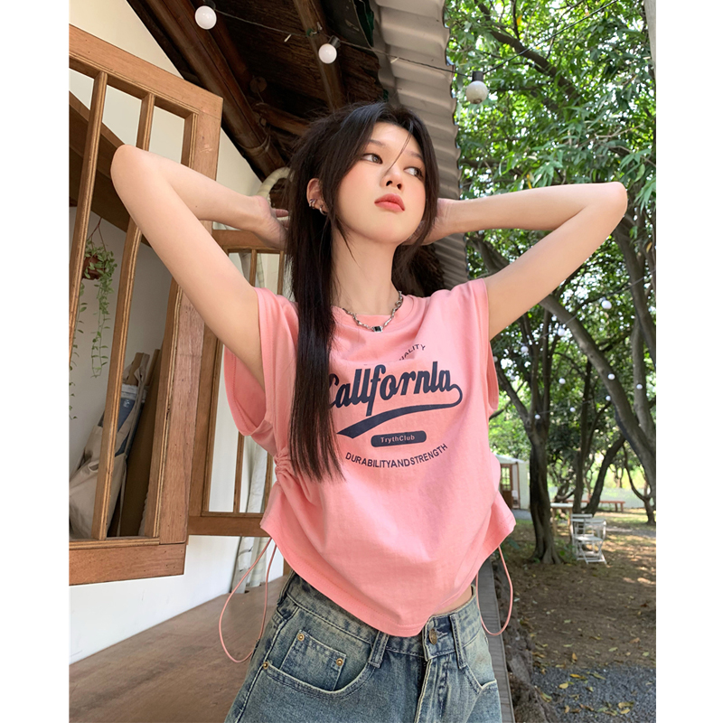 潮牌甜辣风字母印花抽绳短款t恤女夏季宽松显瘦百搭休闲无袖上衣