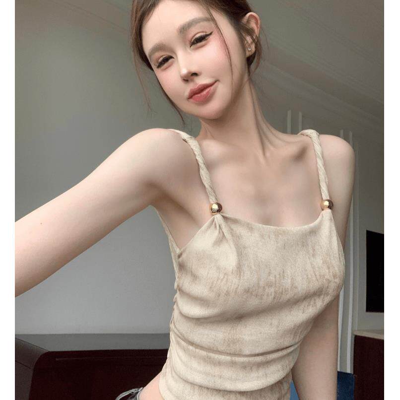 甜辣妹吊带小背心女夏装别致修身褶皱性感露肩上衣短款外穿打底衫