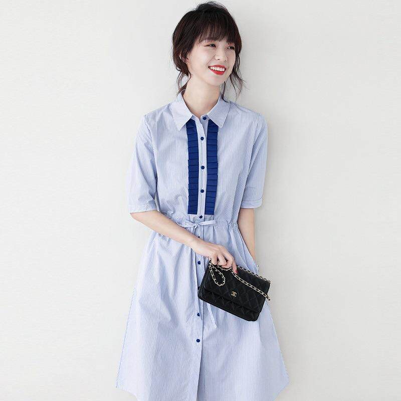 欧洲站2025年新款连衣裙女夏春秋高级感收腰百搭中长款条纹衬衫裙