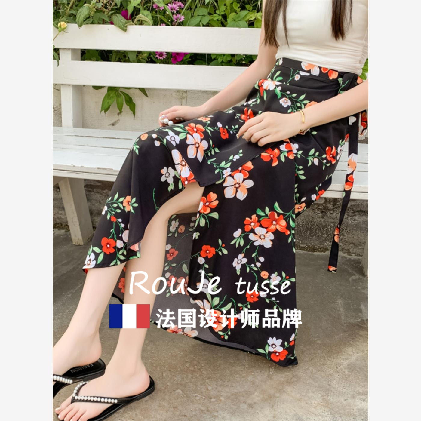 法国Rouje tusse一片式半身裙女夏季开叉系带包臀长裙雪纺碎花裙