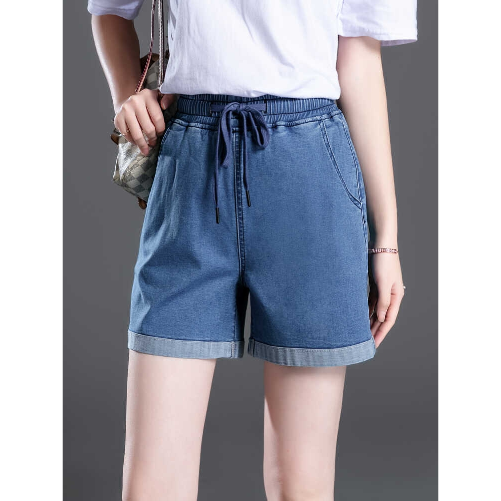 韩国松紧腰牛仔短裤女夏季四分高腰大码夏天宽松小个子弹力五分裤