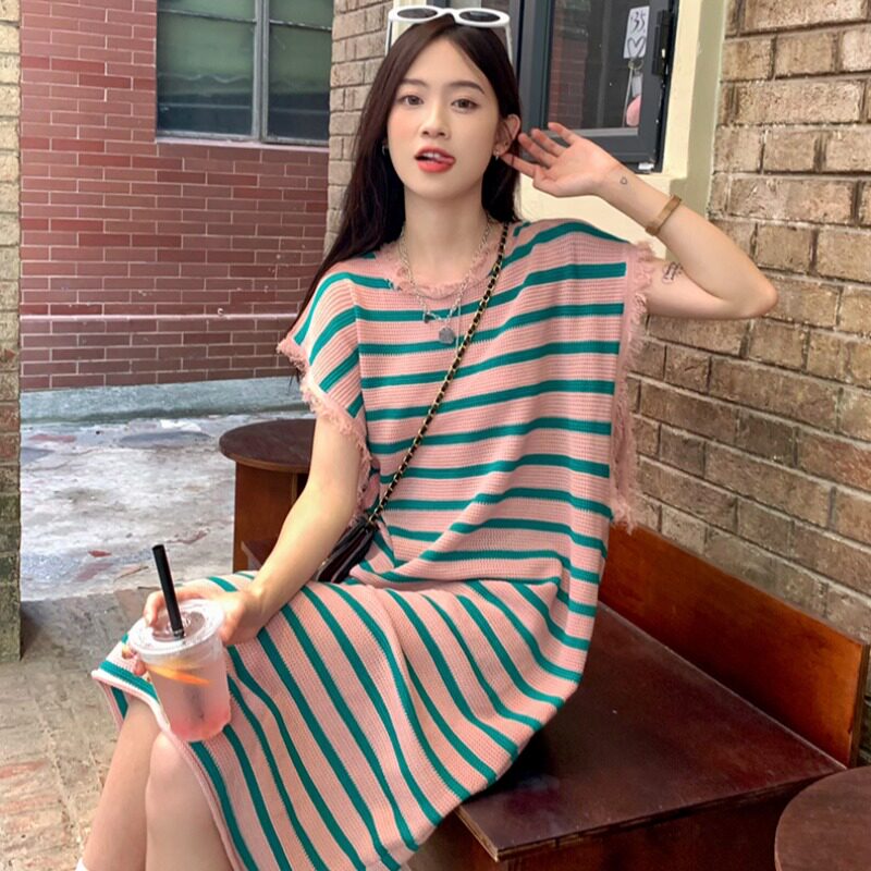 潮牌撞色条纹流苏针织无袖连衣裙女2024夏季宽松显瘦中长款t恤裙
