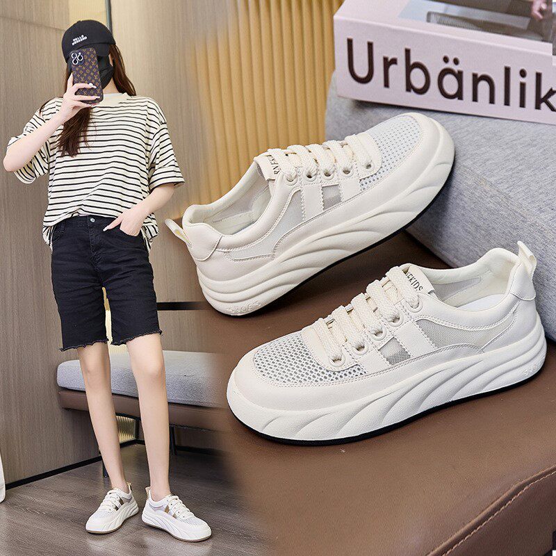 真皮厚底小白鞋女2024年夏季新款薄款透气网面鞋休闲平底运动板鞋