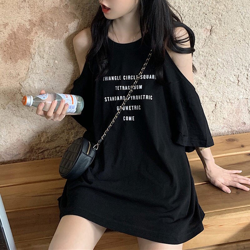 潮牌字母印花露肩短袖t恤女2024夏季新款宽松韩版大码中长款上衣