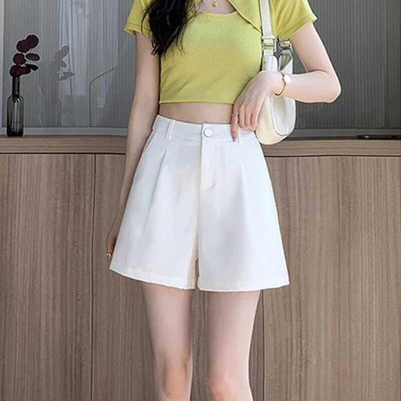 韩国白色西装短裤女2024夏季高腰显瘦中裤五分裤休闲a字阔腿裤子