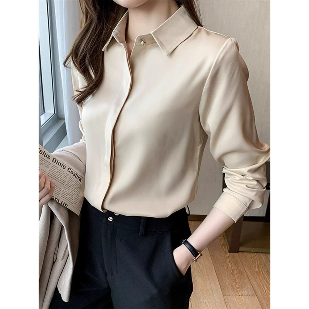 软糯丝缎面职业白色衬衫女长袖2024春夏季通勤简约内搭衬衣上衣OL