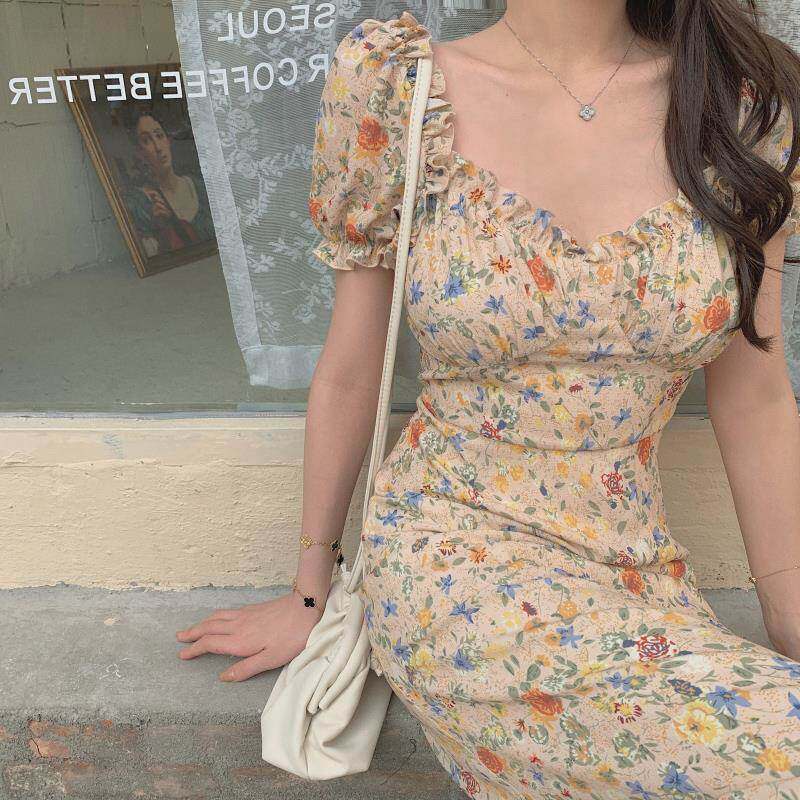 法式初恋长裙仙气森系名媛气质修身裙子rouje碎花甜美连衣裙女夏