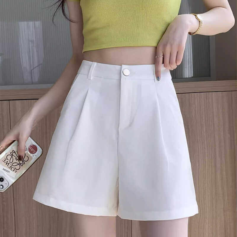 韩国白色西装短裤女2024夏季高腰显瘦中裤五分裤休闲a字阔腿裤子