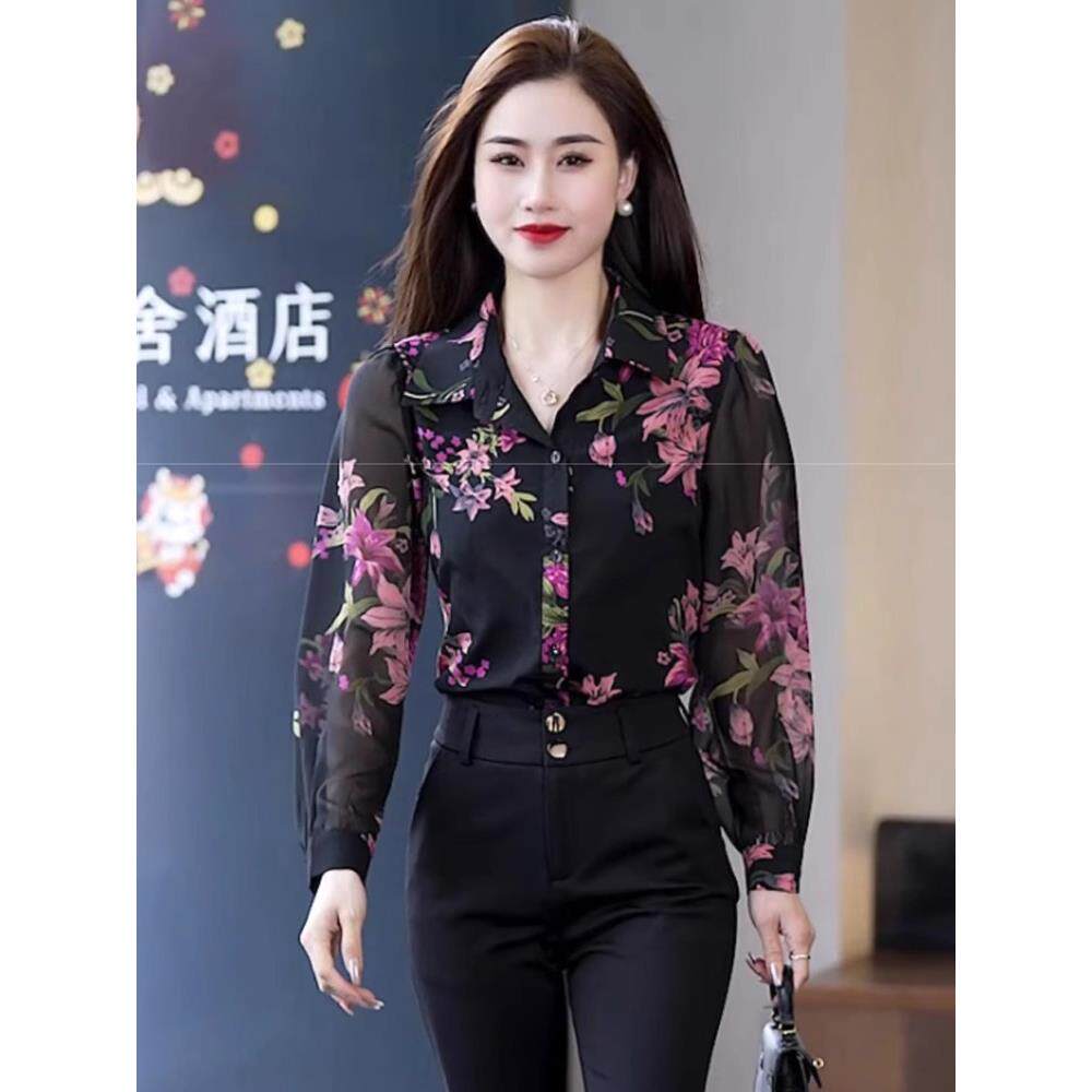 小个子时尚雪纺衬衫女士碎花小衫2024春夏新款设计感长袖洋气衬衣