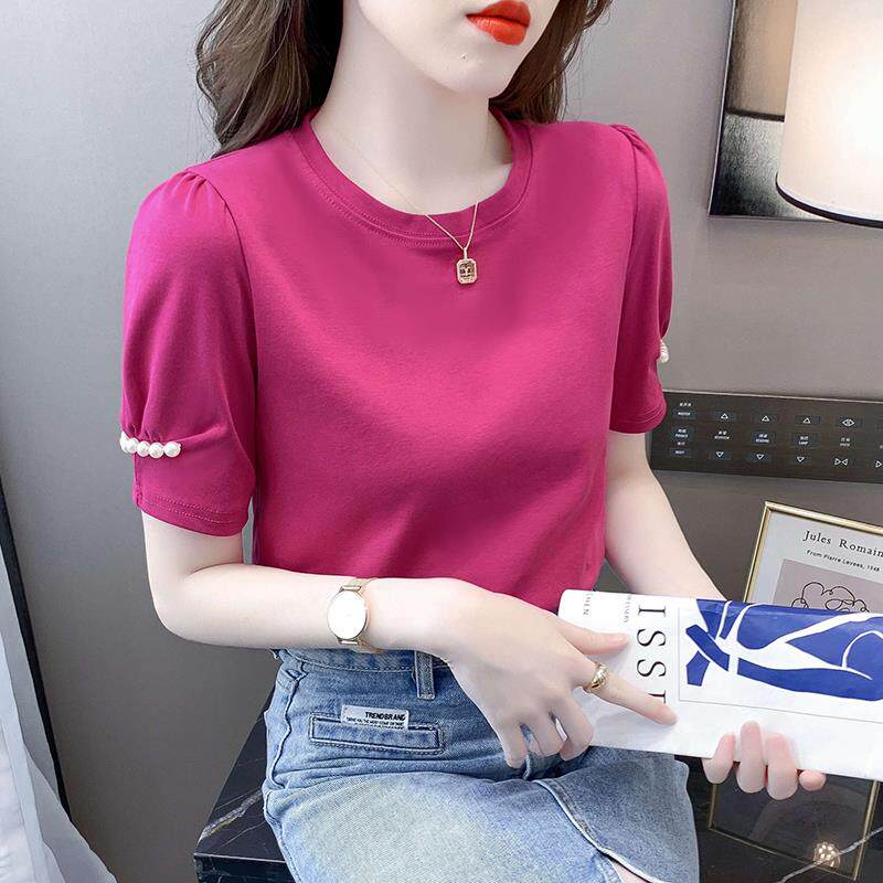 韩国短袖女2024年夏季漂亮钉珠泡泡袖t恤时尚洋气时髦玫红色上衣