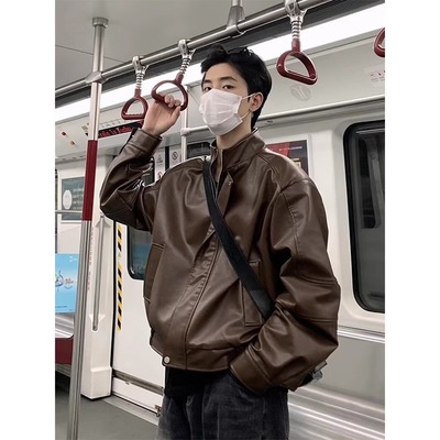 潮牌棕咖色皮衣外套男秋冬季2025新款痞帅垫肩宽松真皮飞行员夹克