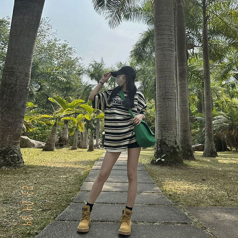 潮牌设计感小众撞色条纹短袖t恤女2024夏新款宽松中长款情侣上衣