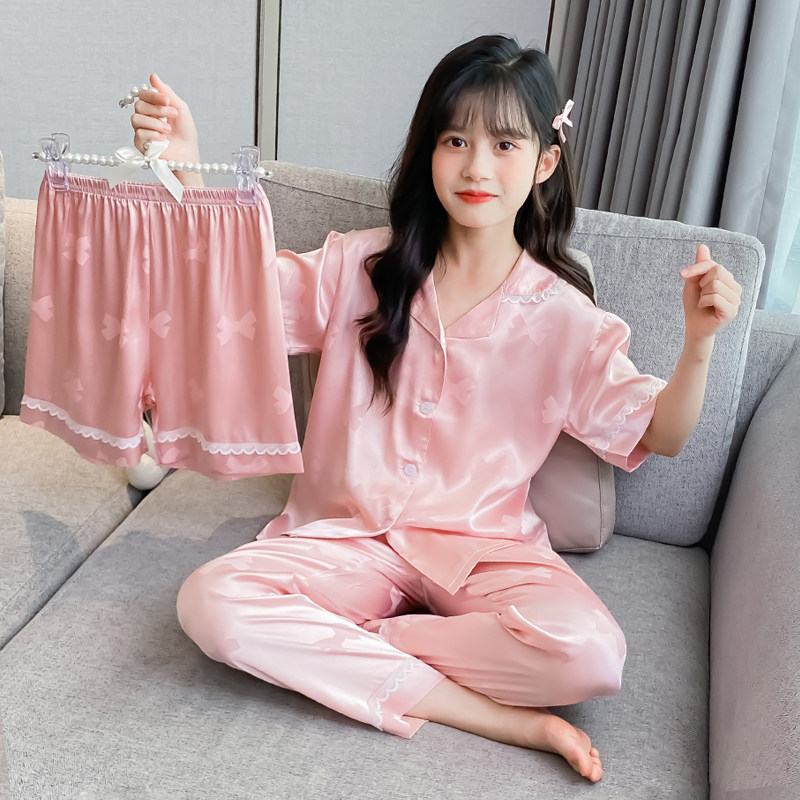 韩版女童冰丝睡衣夏季2025新款儿童女孩大童夏天薄款家居服三件套