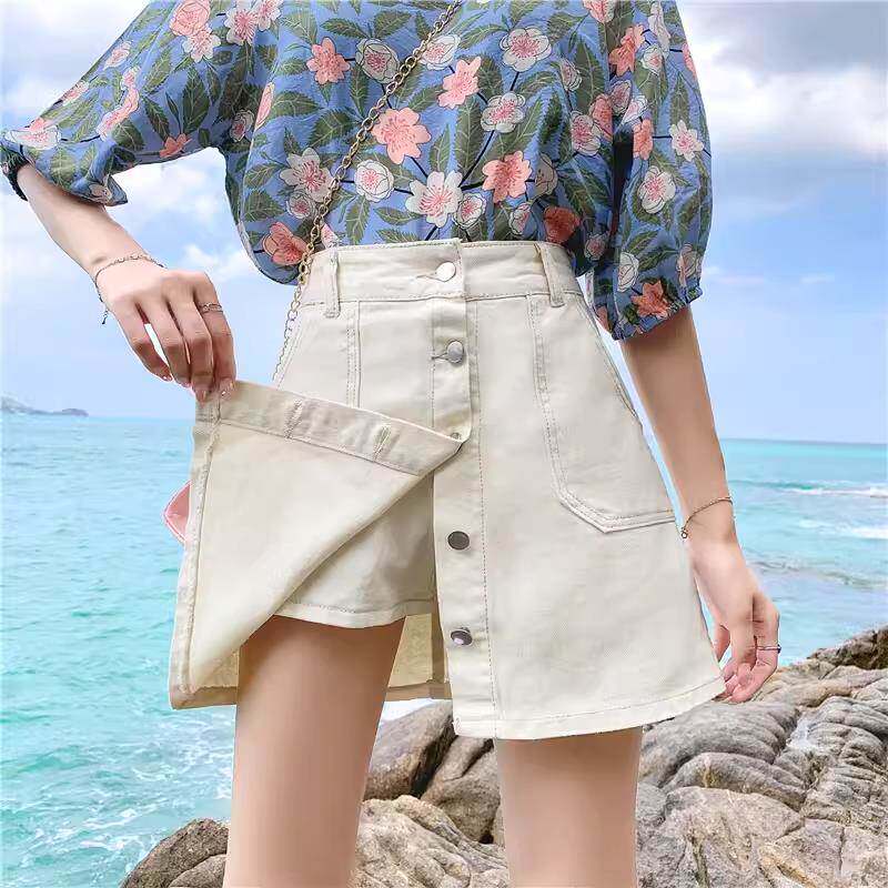 欧洲站白色牛仔短裤女2024新款夏季高腰薄款阔腿热裤大码a字裤裙