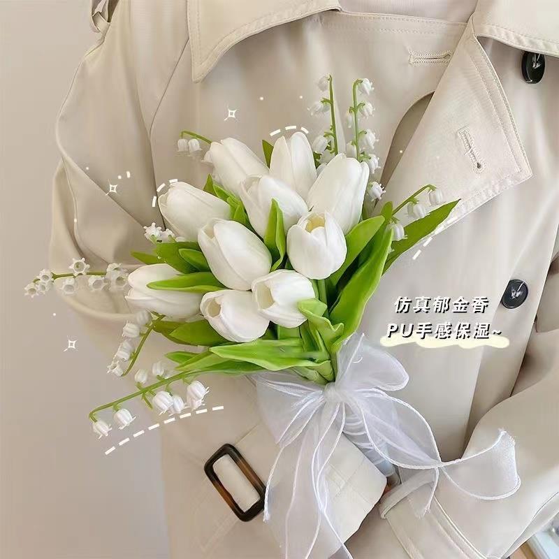 彷真白色郁金香铃兰花手捧花假花 新娘结婚花束婚礼摄影拍照道具
