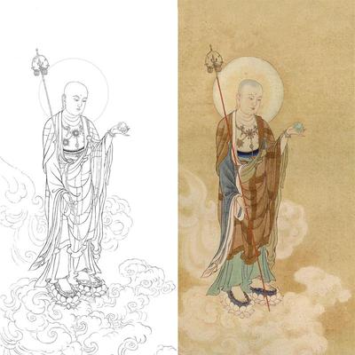 工笔画线条稿藏顶菩萨肖像线条稿中国画竖抄钩线修行印本