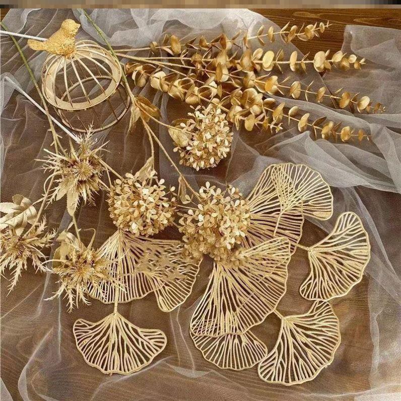 爆款3叉扇叶银杏叶彷真花金色发财红果冬青乔迁新居摆件客厅装饰